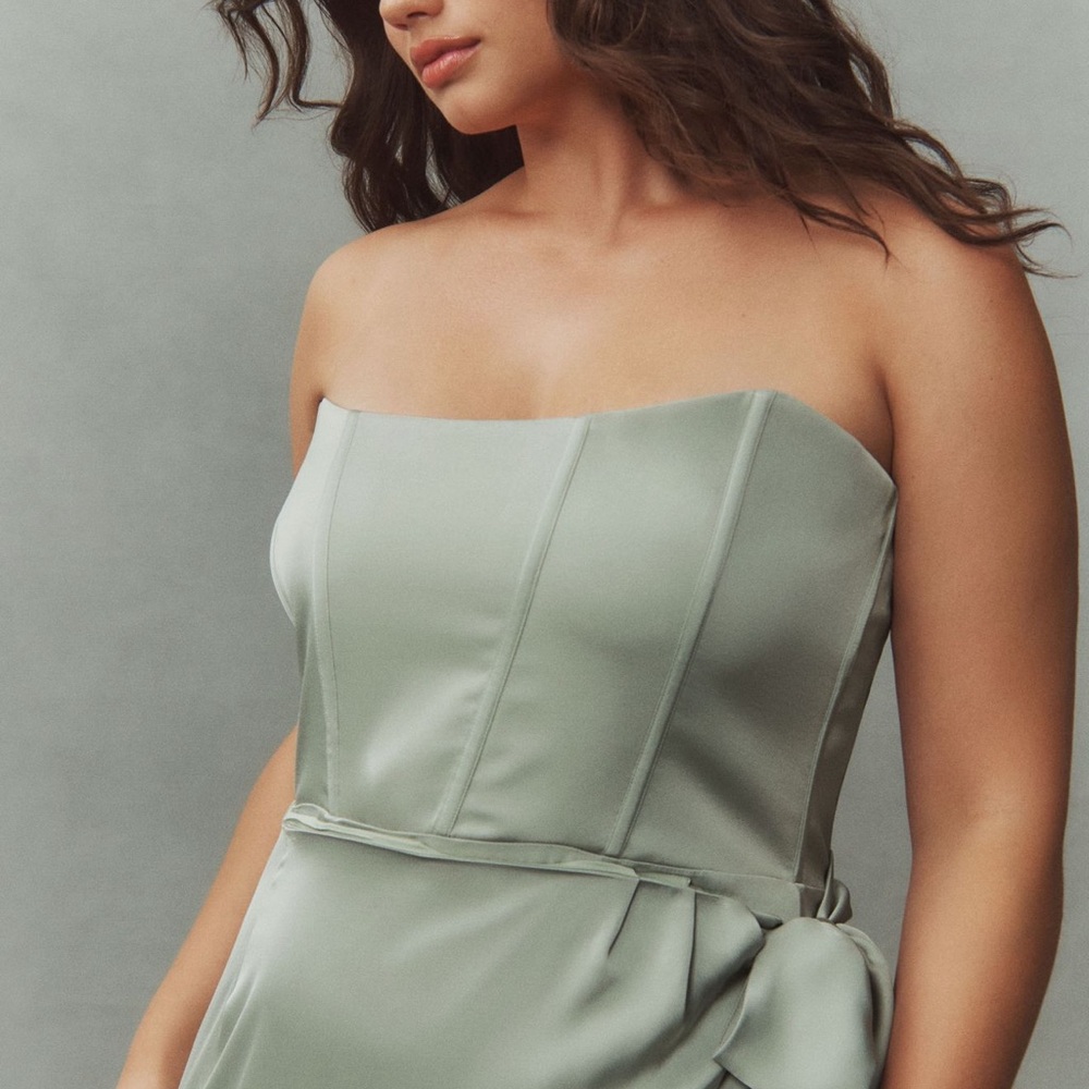V Chapman June Corset Elegant Strapless Satin Dress in Sage Green - Picture 7 of 15